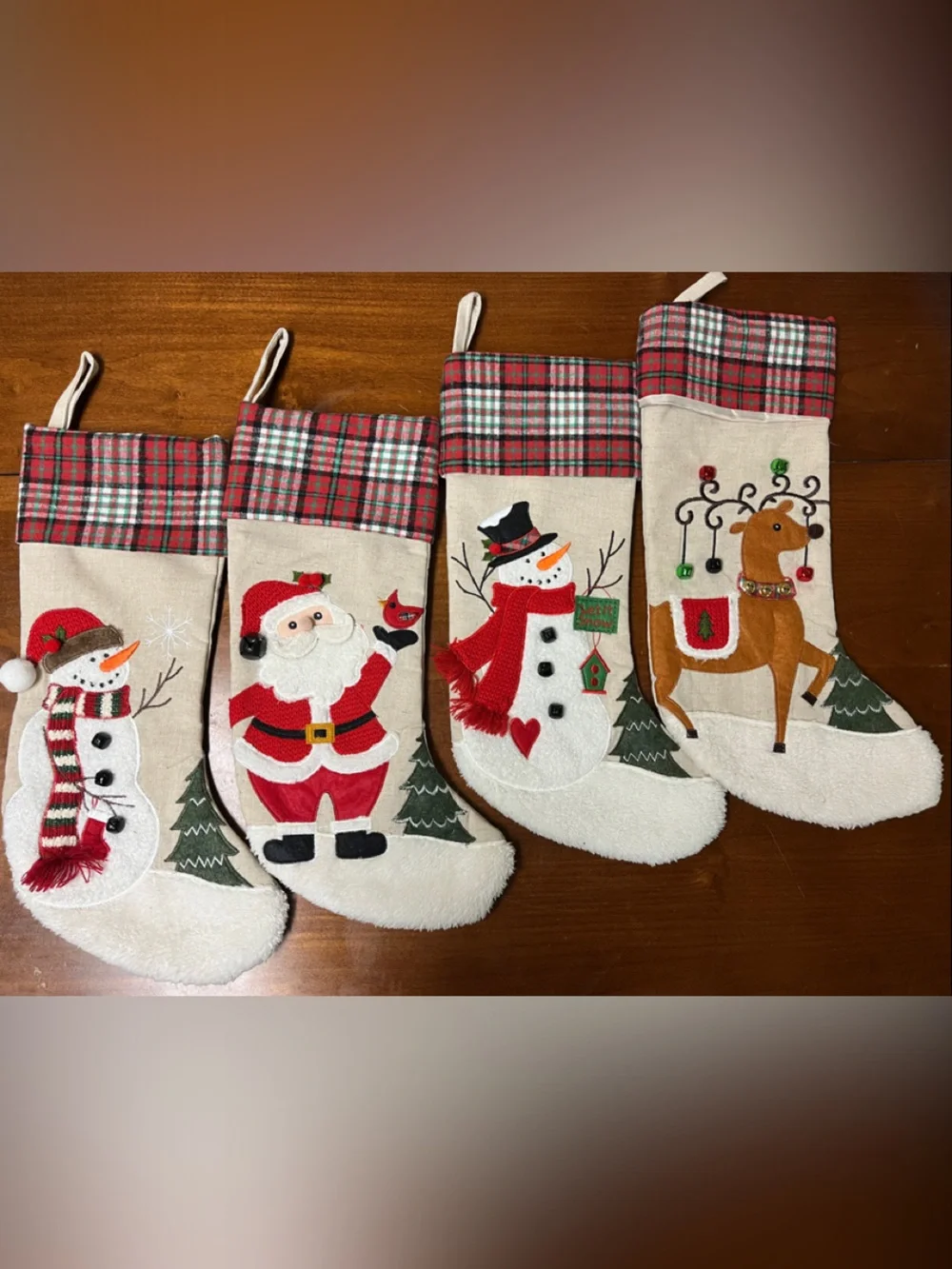 Plaid-Trim Holiday Stockings Set with Santa, Snowman & Reindeer - Cream and Red